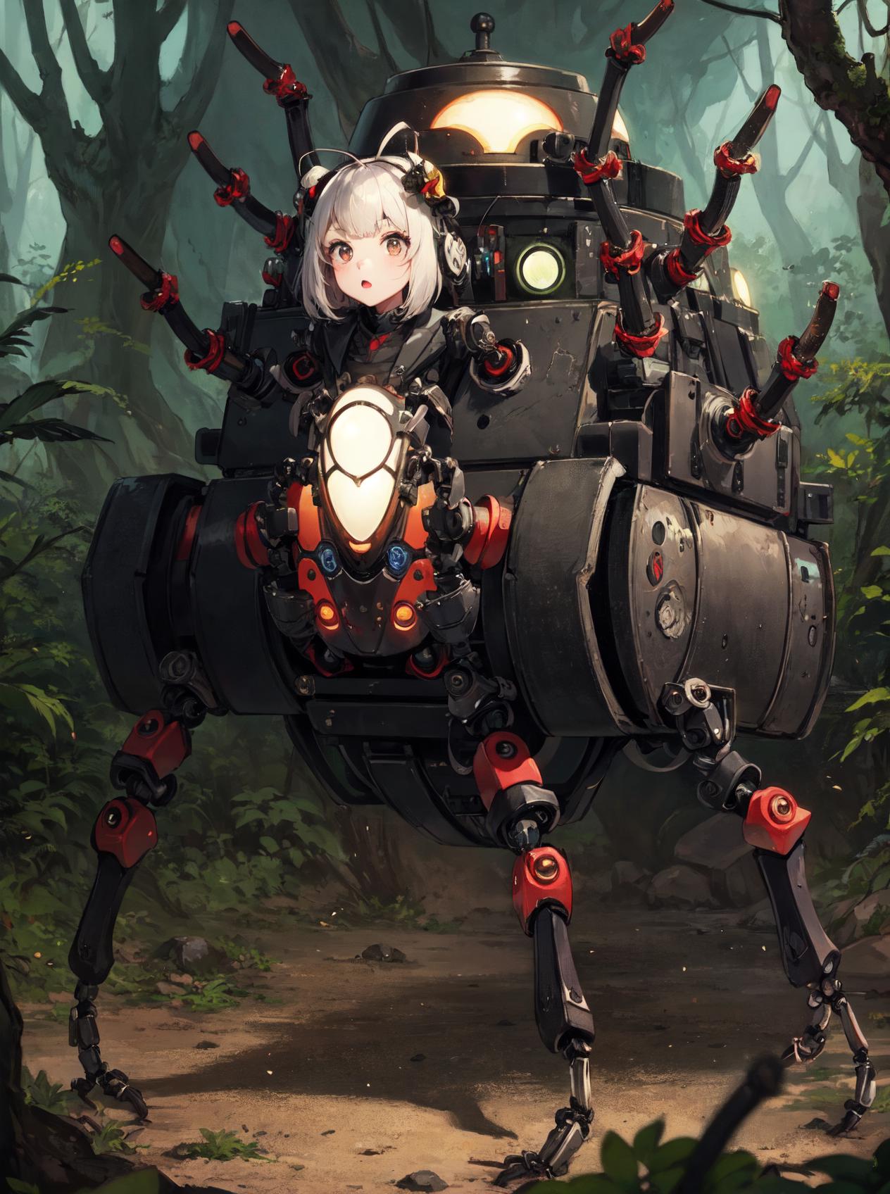 Anime girl riding a robot in the woods - SeaArt AI