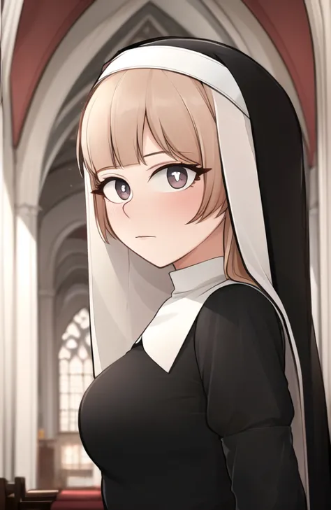 a woman in a nun outfit standing in a church