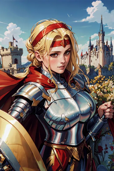 masterpiece,best quality,original character,close up portrait,female knight with sword and shield,castle background,extreme deta...