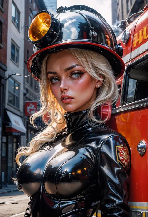 realistic photo, shiny skin, glossy skin, (fire, smoke, fire truck:0.5), 
intricate details, ultra-realistic, high saturation, h...