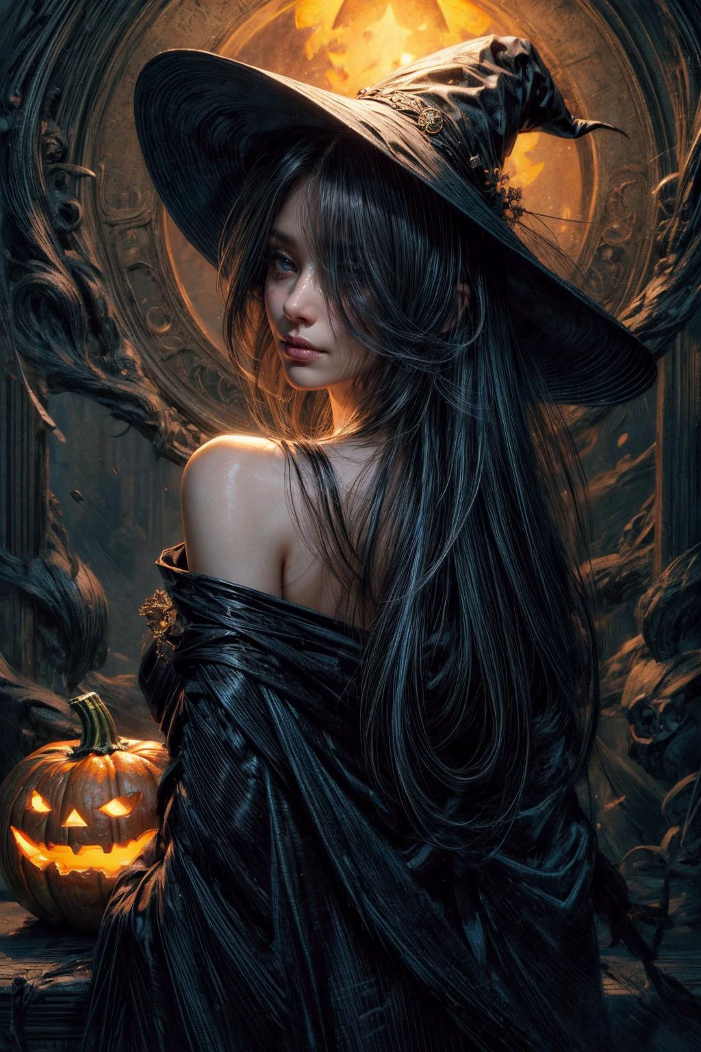 Create a mesmerizing masterpiece inspired by [bichu] and [Greg Rutkowski], reminiscent of the style of (Simon Bisley). This detailed and intricate oil on canvas, dry brush illustration showcases a young witch in a haunting Halloween setting.
In the heart of a moonlit night, a quaint witch's hut stands amidst a sprawling pumpkin field. The field is ripe with vibrant, orange pumpkins, their round forms glinting in the pale moonlight. A welcoming jack-o'-lantern sits at the doorstep of the hut, casting a warm, flickering glow, while a friendly scarecrow stands guard in the midst of the pumpkins.
The young witch herself is a captivating presence. She wears a dark, tattered robe with exposed shoulders and a tall, pointy hat, adding an air of mystique to the eerie night. Her delicate features are softly illuminated by the jack-o'-lantern's light, lending an enchanting quality to her appearance.
She stands tall with [delicate small breasts] and a [delicate slim  figure], her face bearing a [sad:1.2] expression that hints at ancient secrets. [Flushed cheeks] and a defined jawline frame her [beautiful] [perfect] [highly detailed] features, while [full cheeks] display intricate [detailed contours] and [cute dimples]. Her face is adorned with [face highlighter] and [dark makeup], featuring [delicately proportioned features], including a [long defined chin], [high cheekbones], and a [nose with a slight upturn at the tip] set atop a [narrow nose bridge]. Her [downturned:1.4] [soft lips] exude a [sad] expression and are graced with [natural light pink lipstick]. Her [detailed upturned inquisitive eyes] boast a piercing [hypnotizing gaze], with irises of [light blue], framed by [thin small hard angled eyebrows]. They are further enhanced with [black winged eyeliner], long eyelashes, and [black eyeshadow]. Her pale, glossy skin boasts [visible skin pores], radiating with [moisture] and [health].
Completing her mesmerizing look, her straight, sleek, raven-black hair features subtle [blue highlights], cascading around her like the tendrils of a haunting melody.  