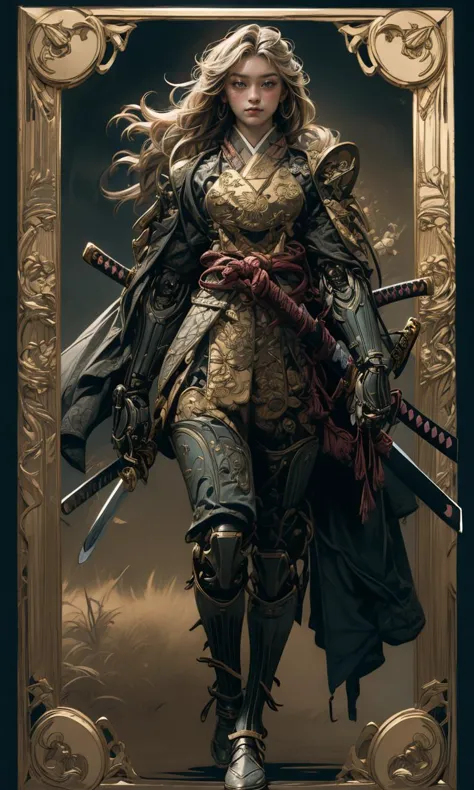 1girl, portrait of  a girl, Columbia Green and black samurai armor, robotic,  mechanical arms, ((one sword)) <lora:CL-ARWsamurai...