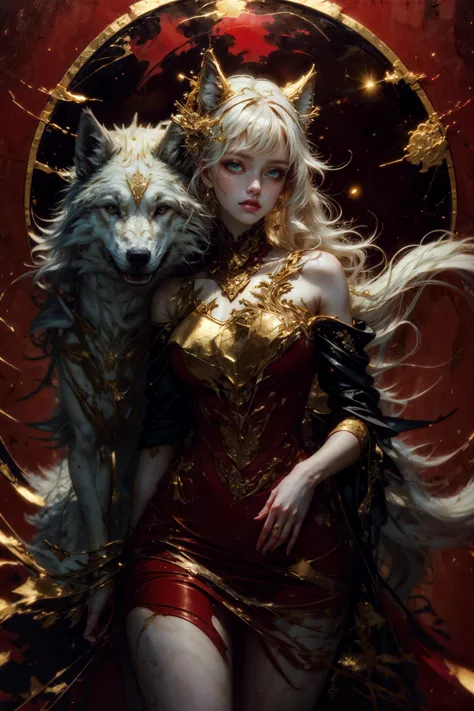 (masterpiece, best quality, ultra-detailed:1.2), 1girl, perfect curves, (g0ld3mb, gold:1.1), (glimmering galaxy dress:1.1), long straight blonde hair, laced hair, wrapped in white silk, (red background:1.2), riding a wolf  <lora:tools/epiNoiseoffset_v2> <l...