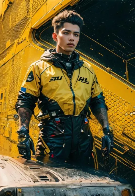 masterpiece, top quality, best quality, official art, beautiful and aesthetic,realistic, 
delivery driver, standing next to DHL spaceship, in yellow-black futuristic uniform, with DHL Logo, 
extremely detailed,colorful,highest detailed, (dynamic pose), shi...
