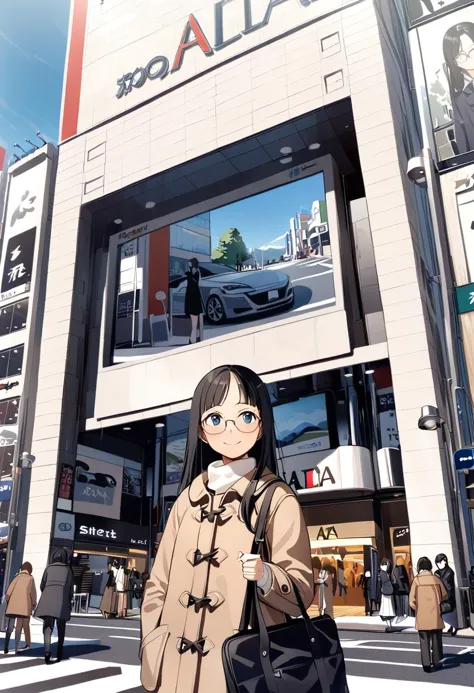 1girl, solo, glasses, black hair, long hair, duffle coat, black bag, smile, looking at viewer, solo focus,
shinjukuALTA, storefront, real world location, road, outdoors, car, building, street, scenery, sky, city, day, lamppost, 6+boys, multiple boys, tree, blue sky, sign, crosswalk, japan
masterpiece, best quality, 
