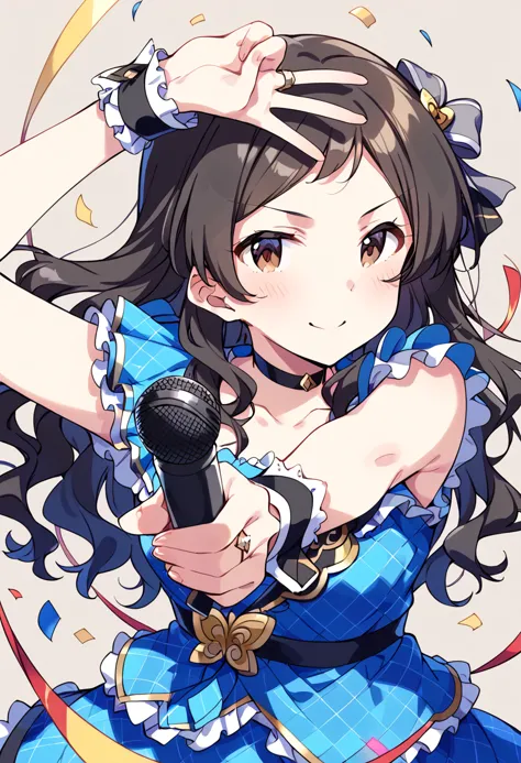 score_9, score_8_up, score_7_up, source_anime BREAK
kitazawa shiho, infinite-sky, 1girl, microphone, long hair, solo, confetti, brown eyes, smile, black hair, v, brown hair, looking at viewer, blue dress, holding microphone, w,  jewelry, blush, hair ornament, arm up, frills, v-shaped eyebrows, collarbone, streamers, ring, short sleeves, wristband, cowboy shot, simple background, closed mouth, pose, parted bangs, standing, brown background, hair bow, sleeveless dress, frilled dress, armpits, argyle, frilled sleeves, upper body, wavy hair, blue skirt, wrist cuffs, dot nose, hair ribbon, grey ribbon, black choker, outstretched arm, plaid dress, hand up, sash, checkered dress, checkered clothes, medium breasts
<lora:kitazawa_shiho_sdxl_pony_locon_v1:0.8>