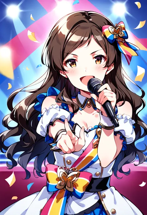 score_9, score_8_up, score_7_up, source_anime BREAK
kitazawa shiho, nouvelle tricolore, 1girl, brown hair, microphone, solo, open mouth, brown eyes, smile, confetti, looking at viewer, pointing, holding microphone, index finger raised, wrist cuffs, :d, blush, pointing at viewer, upper body, detached sleeves, hair ornament, puffy short sleeves, white dress, bare shoulders, yellow eyes, collarbone,  singing, music, blue choker, depth of field, buttons, blue bow, cleavage, yellow bow, skirt, swept bangs, yellow ribbon, parted bangs, striped bow, very long hair, wavy hair, blue ribbon, foreshortening, standing, detached collar, jewelry, striped ribbon, pointing up, blue neckwear, outstretched arm, sash, white shirt, shiny, shoulder cutout, uneven sleeves, v-shaped eyebrows, stage, stage lights
<lora:kitazawa_shiho_sdxl_pony_locon_v1:0.8>