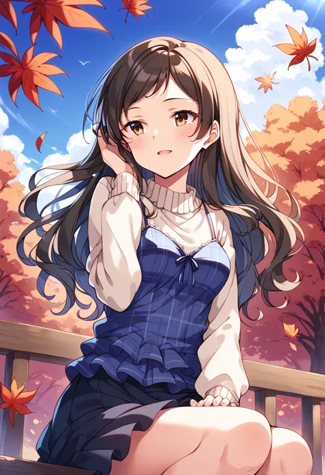 score_9, score_8_up, score_7_up, source_anime BREAK
kitazawa shiho, atmn-clrs-wrld, millitheater, 1girl, solo, brown hair, brown eyes, autumn leaves, sitting, leaf, outdoors, tree, day, open mouth, blush, long sleeves, cloud, smile, autumn, lens flare, black skirt, maple leaf, blue sky, looking away, wind, looking to the side, white sweater, hand in hair, falling leaves, hand on lap, :d, floating hair, sunlight, railing, hand up, hand on own thigh, plaid dress, adjusting hair, wooden fence, hair tucking, hair blowing, cloudy sky, bench, light rays, frills, looking afar, turtleneck sweater, blue dress, dutch angle, light particles, sunbeam, very long hair, white shirt, black hair, sleeves past wrists, swept bangs, wavy hair, eyebrows visible through hair, building, miniskirt, sleeveless dress, leaves in wind, hand on own leg, medium breasts, arm support, petals, grey sweater, yellow eyes, parted lips, maple tree, parted bangs, hand in own hair, plaid camisole, blue camisole, camisole over clothes
<lora:kitazawa_shiho_sdxl_pony_locon_v1:0.8>