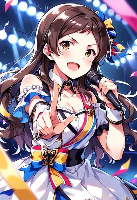 score_9, score_8_up, score_7_up, source_anime BREAK
kitazawa shiho, nouvelle tricolore, 1girl, brown hair, microphone, solo, open mouth, brown eyes, smile, confetti, looking at viewer, pointing, holding microphone, index finger raised, wrist cuffs, :d, blush, pointing at viewer, upper body, detached sleeves, hair ornament, puffy short sleeves, white dress, bare shoulders, yellow eyes, collarbone,  singing, music, blue choker, depth of field, buttons, blue bow, cleavage, yellow bow, skirt, swept bangs, yellow ribbon, parted bangs, striped bow, very long hair, wavy hair, blue ribbon, foreshortening, standing, detached collar, jewelry, striped ribbon, pointing up, blue neckwear, outstretched arm, sash, white shirt, shiny, shoulder cutout, uneven sleeves, v-shaped eyebrows, white bow, stage, stage lights
<lora:kitazawa_shiho_sdxl_pony_locon_v2:0.7>