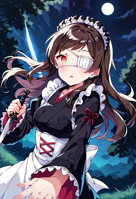 score_9, score_8_up, score_7_up, source_anime BREAK
kitazawa shiho, tasogarenofuchi, eyepatch, 1girl, maid headdress, japanese clothes, night, knife, brown hair, full moon, looking at viewer, kimono, outdoors, maid apron, wa maid, medical eyepatch, glowing eye, glowing, long sleeves, solo, brown eyes, tree, maid, dutch angle, wide sleeves, white apron, holding knife, frills, open mouth, black kimono, night sky, cloud, forest, frilled apron, floral print, pov, yellow eyes, one eye covered, solo focus, parted lips, holding sword, eyebrows visible through hair, blurry foreground, nature, upper body, depth of field, film grain, black hair, swept bangs, glowing eyes, light trail, arm up, print kimono, star \(sky\), drawstring, puffy sleeves, :o, moonlight, collarbone, outstretched arm, sword, reaching out, cloudy sky, building, house, starry sky, hand up, unsheathing, cross-laced clothes, reverse grip, fog, red ribbon, orange eyes, standing, scenery, waist apron, hair ornament, outstretched hand, sidelocks, juliet sleeves, mansion, medium breasts, glint, frilled sleeves, very long hair, corset, lens flare, pov hands, blurry background, grass, sheath, black dress, out of frame, frilled hairband, white eyepatch, dagger, chromatic aberration, glowing weapon, wide-eyed, hair between eyes, blush, floating hair
<lora:kitazawa_shiho_sdxl_pony_locon_v2:0.7>