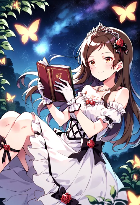 score_9, score_8_up, score_7_up, source_anime BREAK
kitazawa shiho, princess story, 1girl, solo, book, bug, brown hair, tiara, smile, jewelry, white gloves, white dress, sitting, brown eyes, bare shoulders, red flower, open book, holding book, red rose, hair flower, blush, glowing, yellow eyes, collarbone, star \(sky\), detached sleeves, cleavage, medium breasts, closed mouth, black bow, strapless dress, off-shoulder dress, starry sky, floating, off shoulder, depth of field, reading, glowing butterfly, feet out of frame, blurry foreground, space, looking at viewer, frills, pearl necklace, knees together feet apart, black ribbon, swept bangs, yellow butterfly, hair ribbon, ankle ribbon, grimoire, starry background, lace trim, lace-trimmed dress, white butterfly, night sky, crown, very long hair, magic, gem, puffy short sleeves, night, plant, light particles, orange eyes, frilled gloves, dutch angle, frilled dress, lace-trimmed gloves, light smile, floating object, red bow, from above, bracelet, red ribbon, small breasts, hair bow, invisible chair, parted bangs, looking away, floating hair, vines, leg ribbon, white sleeves, layered dress, dress bow, sleeveless dress, musical note, wrist cuffs, short dress, looking at object, light blush
<lora:kitazawa_shiho_sdxl_pony_locon_v2:0.7>