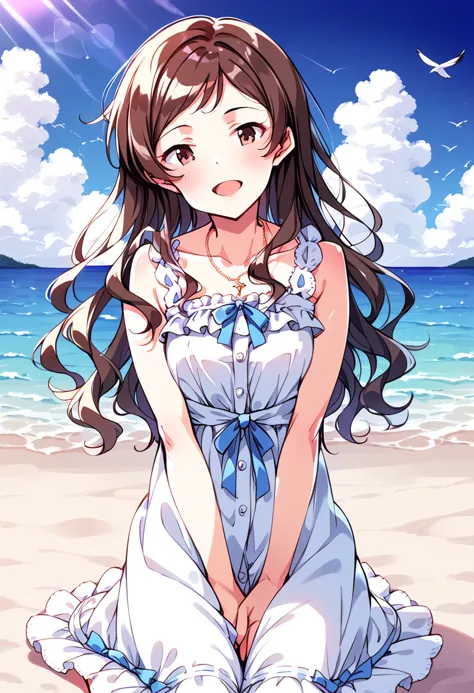 score_9, score_8_up, score_7_up, source_anime BREAK
kitazawa shiho, pure one-piece, , 1girl, brown hair, long hair, solo, brown eyes, day, sitting, smile, wariza, kneeling, open mouth, ocean, cloud, white dress, looking at viewer, blush, outdoors, :d, hand between legs, blue sky, sundress, sleeveless dress, horizon, bird, collarbone, v arms, water, shiny, shiny hair, star necklace, cloudy sky, bare shoulders, knees together feet apart, feet out of frame, seagull, head tilt, pendant, beach, cross-laced clothes, ribbon trim, blue bow, ribbon-trimmed dress, frills, bare legs, bare arms, lens flare, frilled dress, wavy hair, small breasts, blue ribbon, own hands together, swept bangs, ribbon-trimmed clothes, summer, legs, seaside, breakwater, center frills, buttons
<lora:kitazawa_shiho_sdxl_pony_locon_v2:0.7>