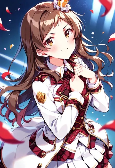 score_9, score_8_up, score_7_up, source_anime BREAK
kitazawa shiho, le-prologue-x, 1girl, brown hair, solo, smile, brown eyes, looking at viewer, long sleeves, mini crown, blush, closed mouth, hand on own chest, confetti, yellow eyes, shiny hair, plaid dress, white jacket, hair ornament, red shirt, upper body, eyebrows visible through hair, shiny, looking up, floating hair, belt, frills, v-shaped eyebrows, from above, red skirt, clenched hand, collared shirt, medium breasts, tilted headwear, red dress, hand up, plaid shirt, o-ring, standing, buttons, epaulettes, swept bangs, frilled shirt collar, open jacket, very long hair, pleated skirt, plaid skirt, wing collar, red vest, petals, depth of field, parted bangs, star \(symbol\), double-breasted, badge, white shirt, white coat, hair scrunchie, white skirt, scrunchie, one side up, plaid jacket, checkered, collared dress, looking to the side, cowboy shot, dot nose, light blush, red jacket, aiguillette, multicolored jacket, multicolored clothes, checkered clothes, sidelocks, collared jacket, waist accessory, stage, stage lights
<lora:kitazawa_shiho_sdxl_pony_locon_v2:0.7>