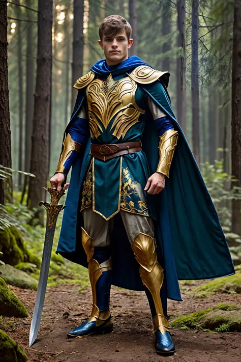 arafed male in a blue and gold outfit holding a sword