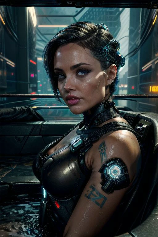 Foto CRU, obra de arte, estilo cyberpunk Angelina Jolie