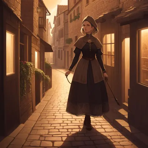 woman, highly detailed, medieval village, intricate, cinematic lighting, detailed face, walking in the middle of the cobblestone road,