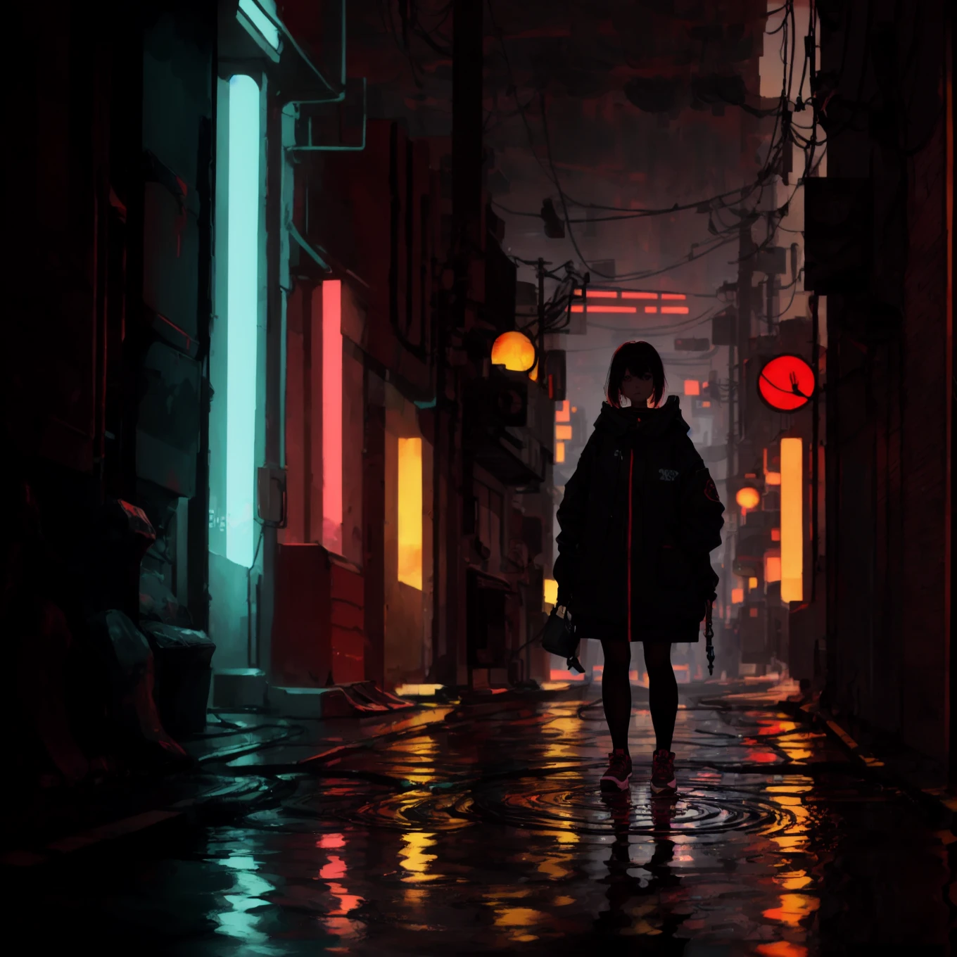 一個站在水坑裡的賽博朋克女孩,深淵背景, 紅色主題, 完美的陰影, 完美的反射, 光線追蹤, 紅色亮點, 紅光, 反光的, 照明不佳, 未來賽博龐克城市, 午夜, 雨