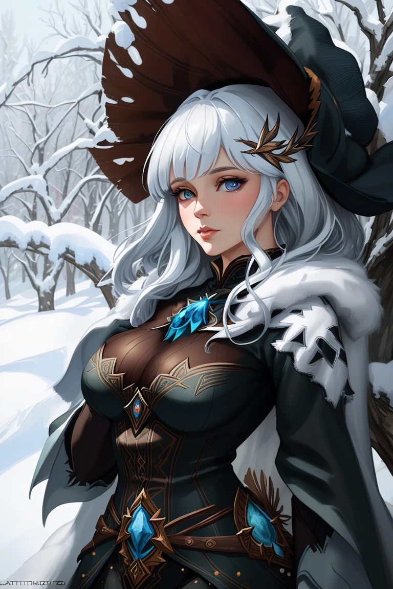 la sorcière de l&#39;hiver, (femme), Beau visage, seins moyens, (chef-d&#39;œuvre),art numérique détaillé, tendance sur artstation, (Moteur irréel5.1), rendu détaillé, par (artgerme), Karol derrière le canard ((Allons-y)), Vargas {background par Jessica Rossier}