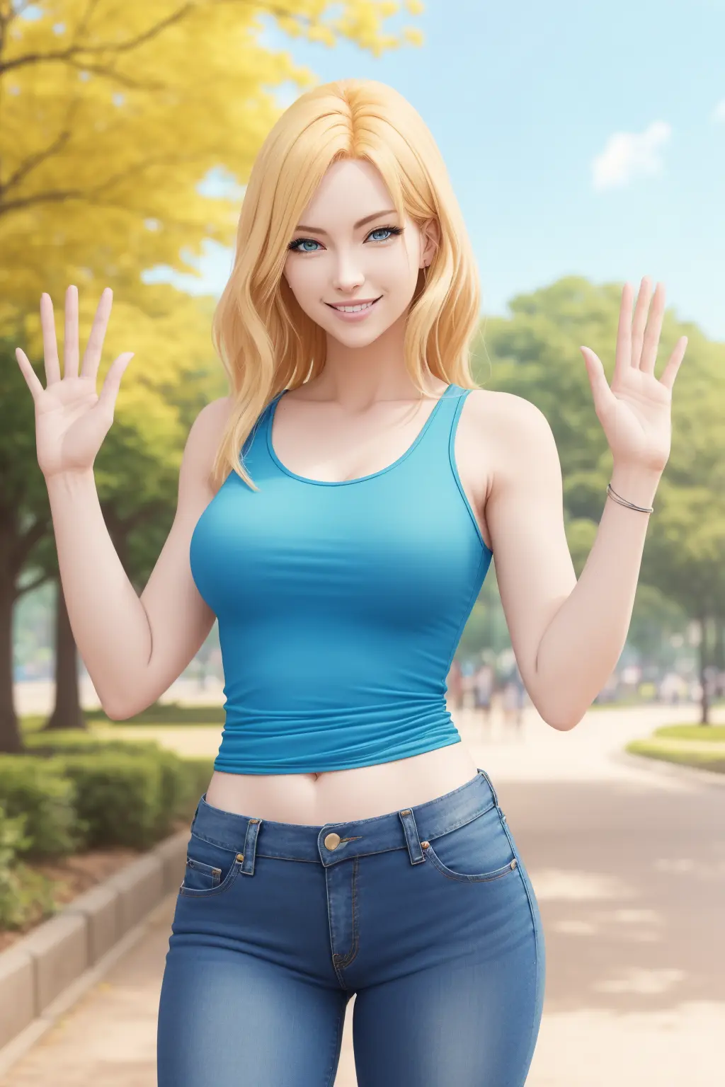 (anime), uma mulher em pé sorrindo acenando para a câmera cabelo loiro olhos azuis regata jeans dia ensolarado em um parque,