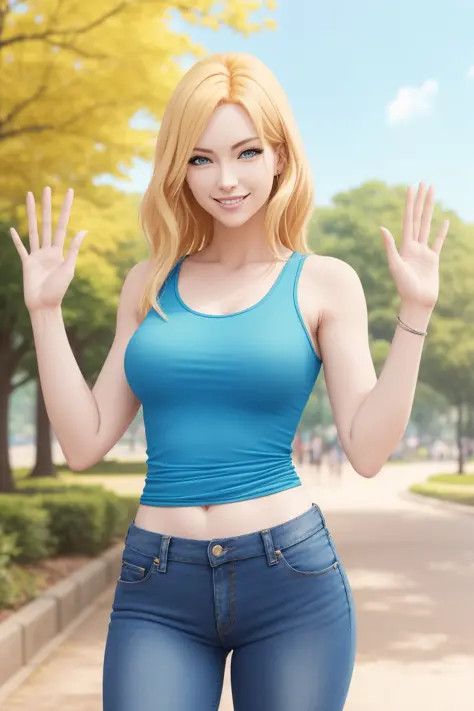 (anime), a woman standing smiling waving at camera blonde hair blue eyes tank top jeans sunny day at a park,