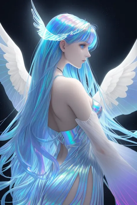 woman, wings, halo, iridescent holofoil, long hair, iridescent holofoil,