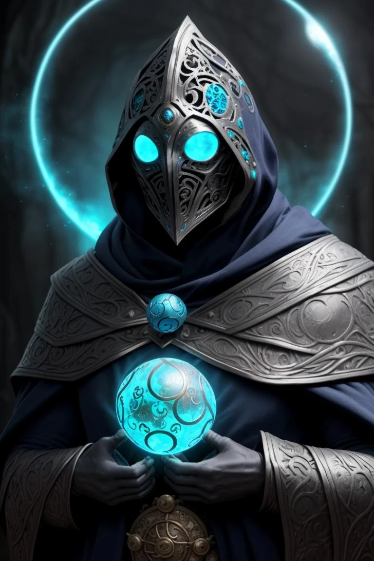 a filigree giant [metal|man|machine|shadow] creature with a blue orb core in chest, cloak, metal mask, dnd style, horror \(theme\),