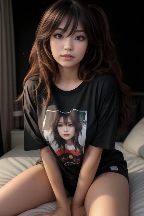 a close up of a woman sitting on a bed wearing a shirt