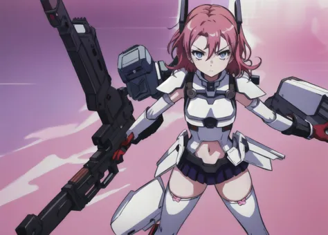 LBX-Filles_poignée, 1fille, seulement, arme, pistolet, yeux bleus, Cheveux courts, hauts de cuisse, holding, regarder le spectateur, holding arme, gants, fusil, Mecha Musume, holding pistolet, nombril couvert, visée, pink hauts de cuisse, 