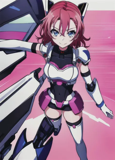 <lora:LBX-Girls_Riko:0.6>, LBX-Girls_Riko, 1girl, pink hair, thighhighs, blue eyes, mecha, robot, short hair, solo, gloves, boots, choker, covered navel, smile, <lora:Masterpiace:0.8>