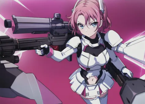 <lora:lbx-girls_riko:0.6>, lbx-girls_riko, 1girl, solo, weapon, gun, blue eyes, short hair, thighhighs, holding, looking at view...