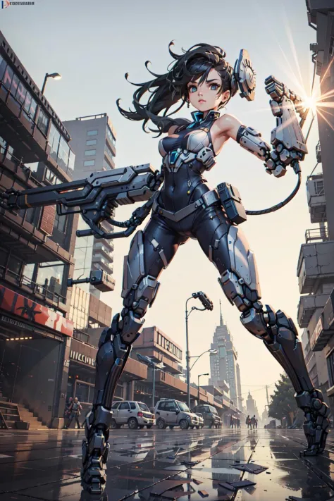 best quality,detailed background,girl,mechanical arms, cityscape,