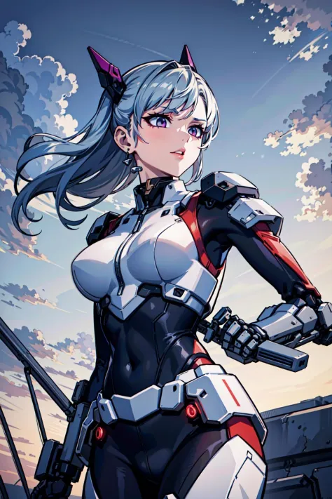 best quality,detailed background,girl,mechanical arms, cloudy sky,