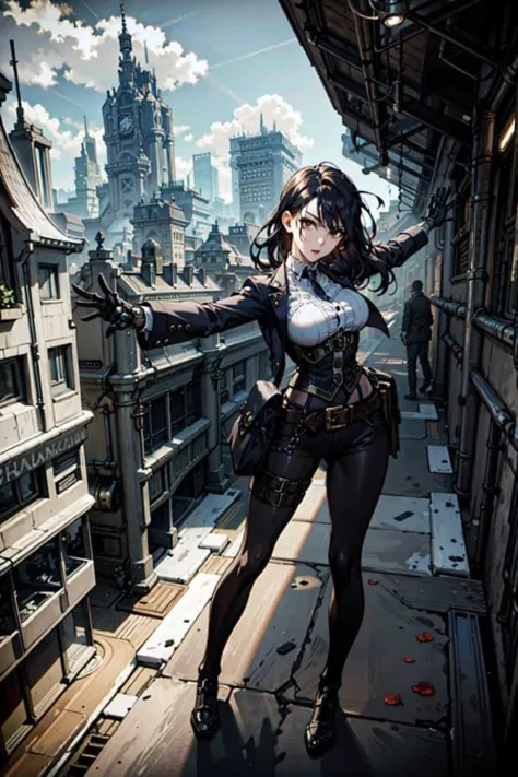 best quality,detailed background,girl,mechanical arms, cityscape, steampunk,