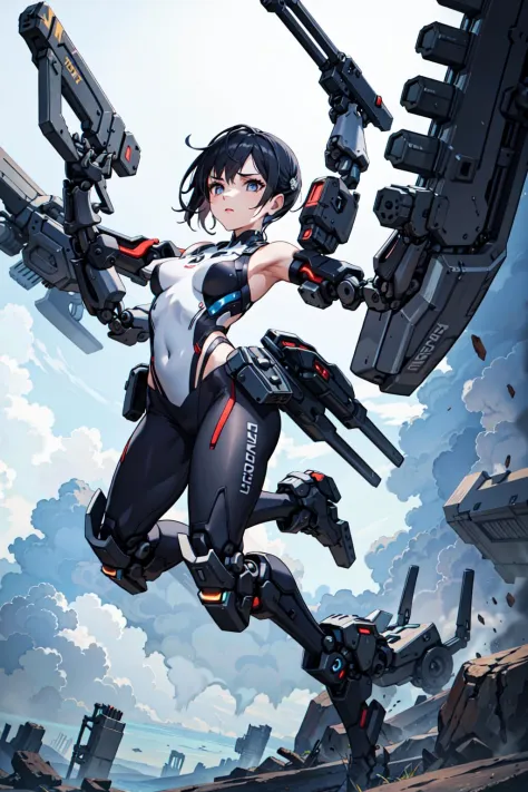 best quality,detailed background,girl,mechanical arms, cloudy sky,