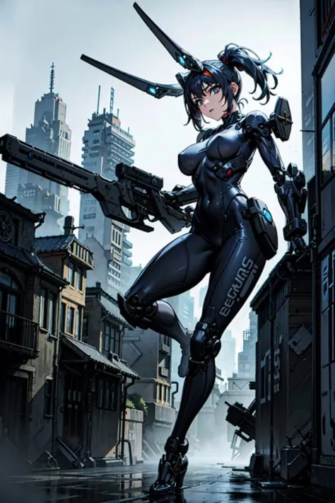 best quality,detailed background,girl,mechanical arms, cityscape, mecha musume, techwear