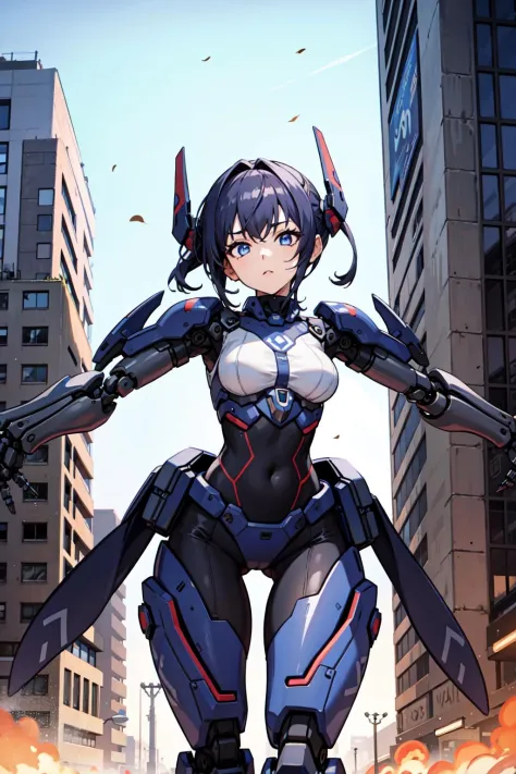 best quality,detailed background,girl,mechanical arms, cityscape, mecha musume
