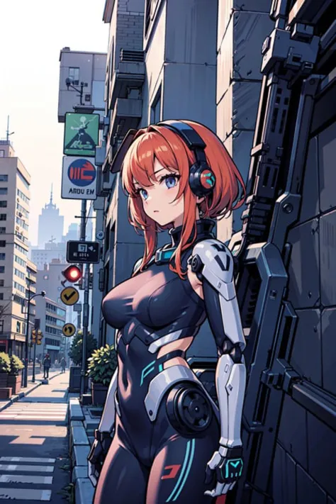 best quality,detailed background,girl,mechanical arms, cityscape, mecha musume, techwear