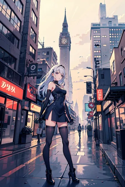 best quality,detailed background,girl,mechanical arms, cityscape,