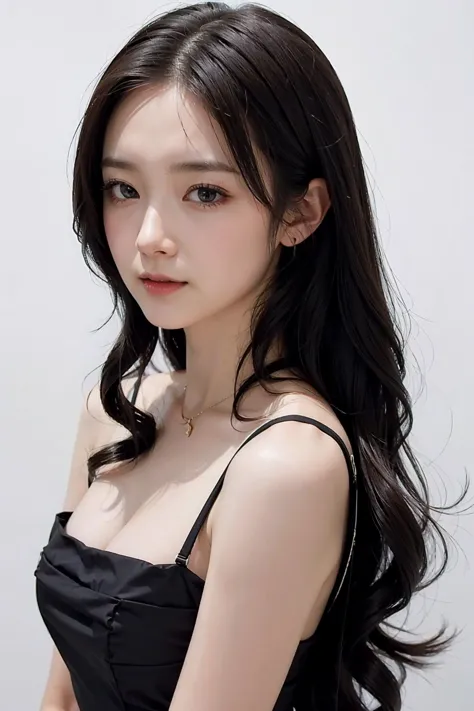 a woman with long black hair wearing a black dress