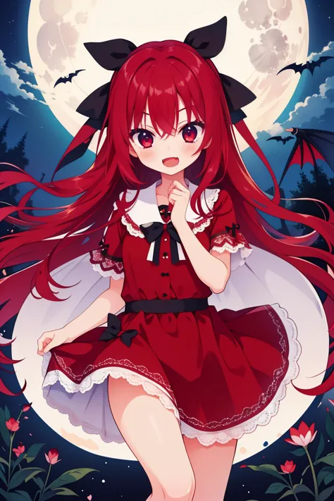 best quality, masterpiece, highres, 
 <lora:Mrrn_v1:0.9> mrrn, 1girl, vampire, fang, long hair, red hair, red eyes, hair bow, red dress, full moon,