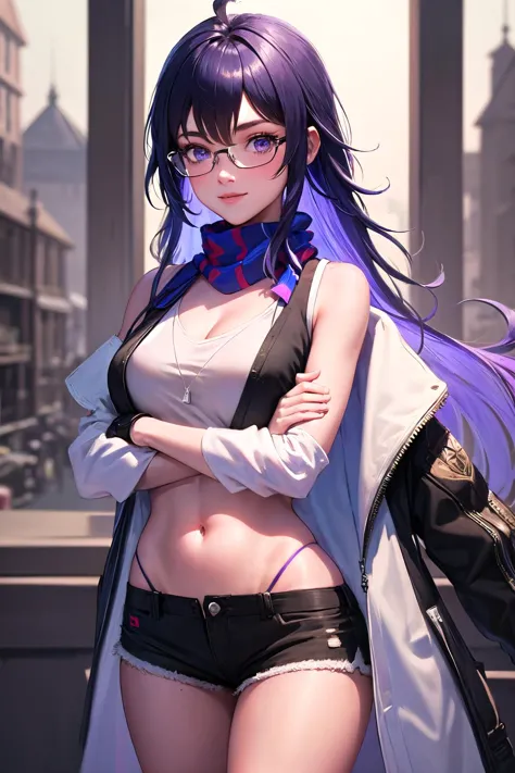 anime girl with purple hair and glasses posing in front of a window