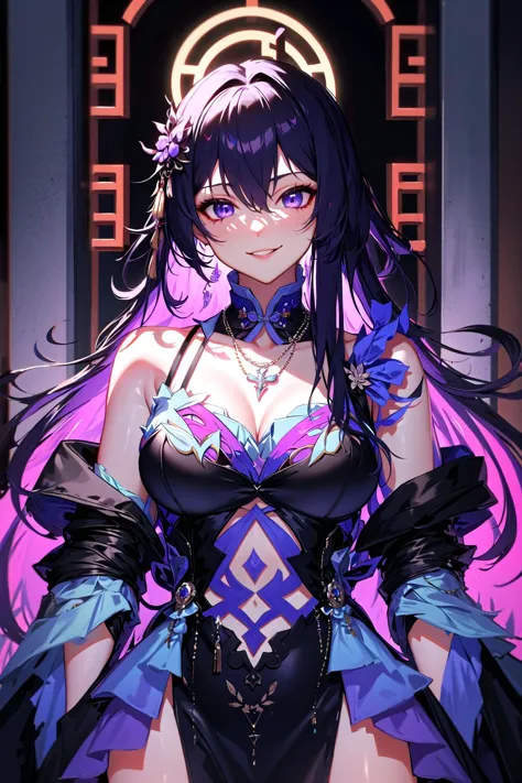 a woman in a black dress with long purple hair and a purple dress