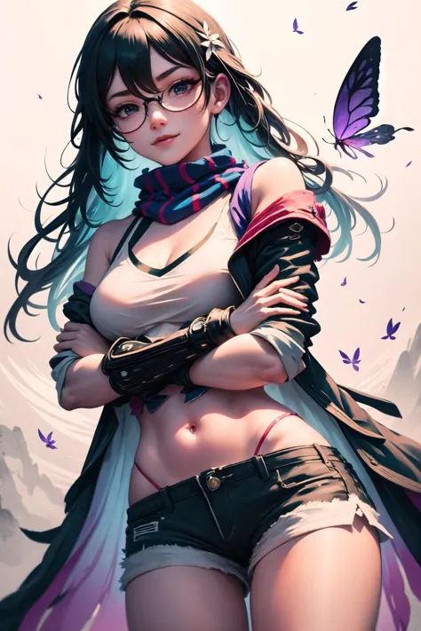 (highly detailed:1.3), 
1girl, solo, (light smile:1.2), 
<lora:seele_hsr:0.85>, seele, purple eyes, scarf, butterfly, (white short shorts:1.2), (sleeveless white shirt:1.2), midriff, navel, gloves, (semi-rimless eyewear:1.1), (bohemian chic fashion:1.2), hair ornament, (open jacket:1.2), (crossed arms:1.2), 
Ultra-detail, (highres:1.1), best quality, (masterpiece:1.3), cinematic lighting, <lora:ink-0.1-3-b28-bf16-D128-A1-1-ep64-768-DAdaptation-cosine:1>, white background, scenery, ink,