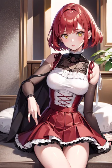 anime girl in a red and white dress sitting on a bed