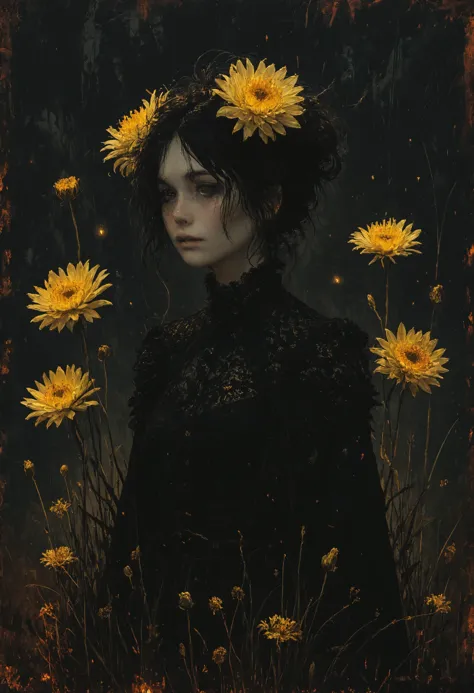 an army of fiends she put chrysanthemums and daffodils in the burnt end of they crack stems, Twilight Light, bioluminescent, glowing