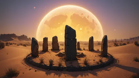 photorealistic detailed digital illustration of a circle of mad_colorful_checkers standing stones,  Singing sand dunes resonating with cosmic melodies in the background, great lighting, 8K resolution, octane render, 3D, brilliantly coloured, intricate, ultra wide angle, trending on artstation, embers, smoke, dust, dusk, volumetric lighting, HDR, polished, micro details, ray tracing, 8k 