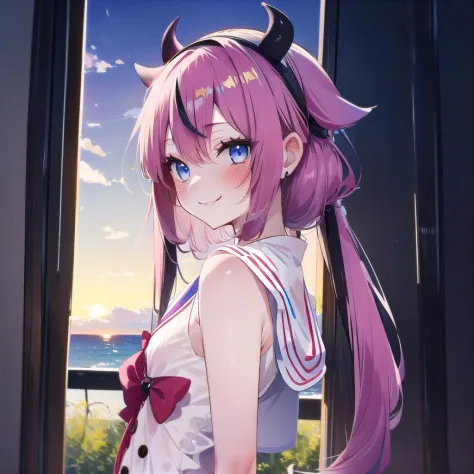 anime girl with long pink hair and horns standing in front of a window