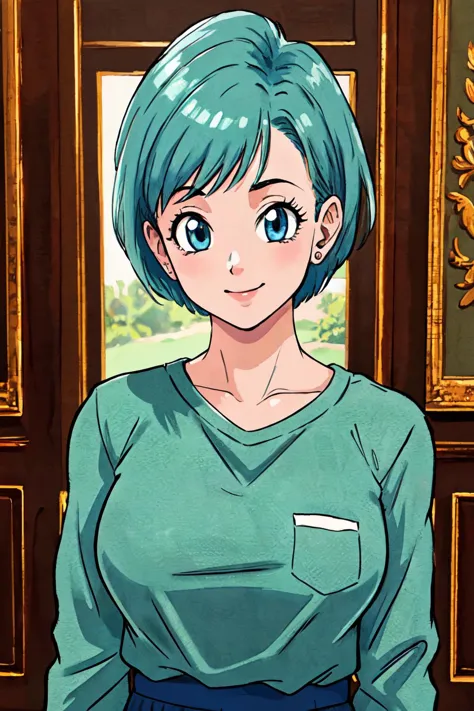 a close up of a person with blue hair and a green shirt