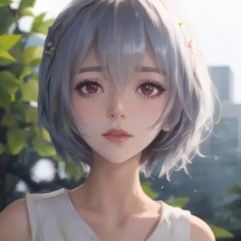 masterpiece,extremely detailed CG unity 8k wallpaper,1girl, beautiful, (perfect face), ayanami_rei, outdoor, branch, faded_blue_...