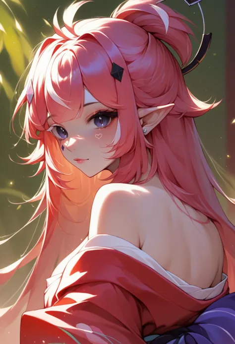 anime girl with pink hair and blue eyes in a red dress